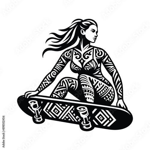 Skateboarding, longboarding  female player in ethnic polynesia pattern illustration, emblem shield badge