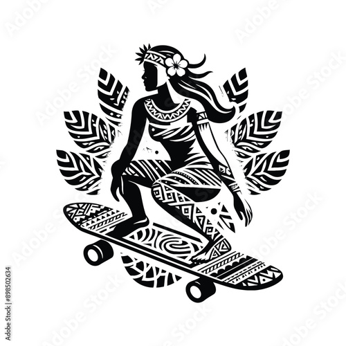 Skateboarding, longboarding  female player in ethnic polynesia pattern illustration, emblem shield badge