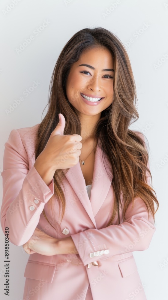 Support and woman with thumbs up, agreement, and success on white studio background. Prize winner, female model, or success with positive symbol or like Support and woman with thumbs up, agreement, and success on white studio background. Prize winner, female model, or success with positive symbol or like