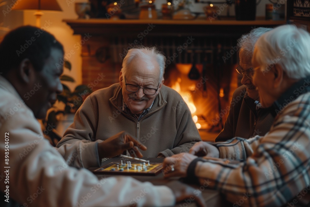 group of elderly men playing board games in a cozy room near the fireplace group of elderly men playing board games in a cozy room near the fireplace