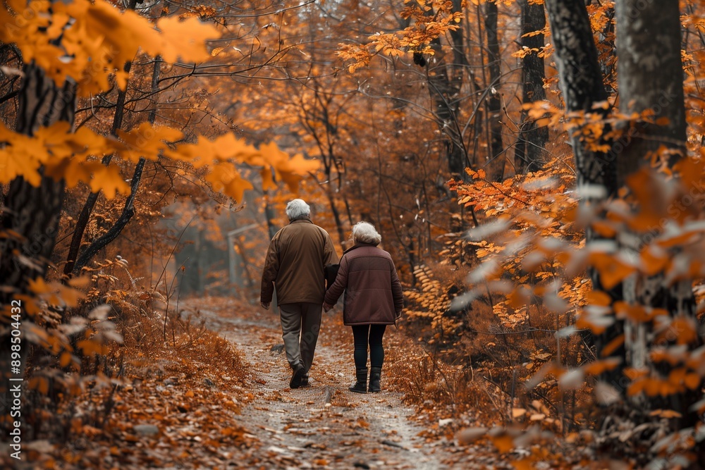 an elderly couple walking in the autumn forest an elderly couple walking in the autumn forest