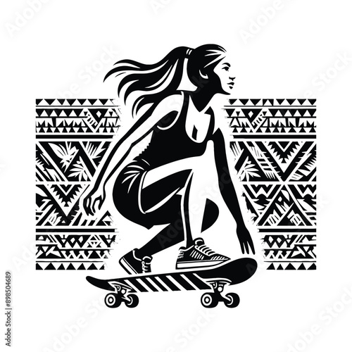 Skateboarding, longboarding  female player in ethnic polynesia pattern illustration, emblem shield badge