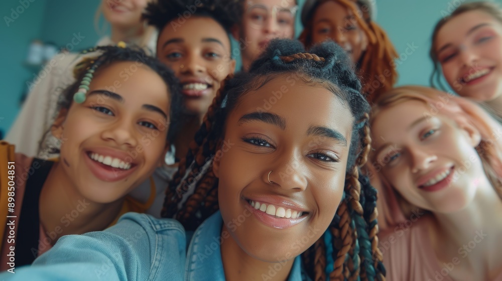 Obraz premium Startup selfies, diversity, or pleasant office team building. Positive leadership portrait in business meeting, motivation, teamwork, or success workshop.