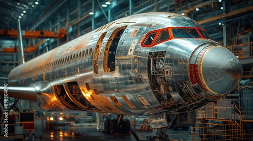 Partially Assembled Aircraft in Factory. Partially assembled aircraft in a factory, focusing on the nose section and internal components, showcasing the intricate details of assembly.