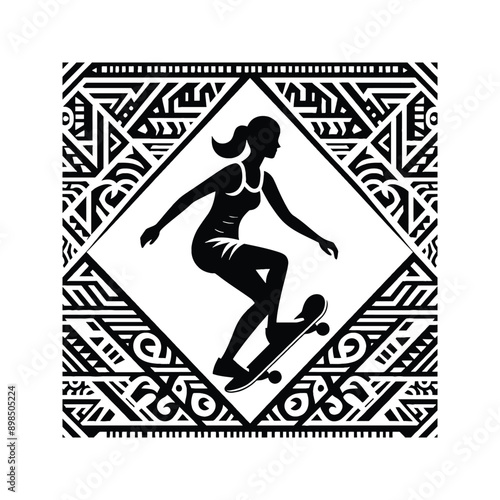 Skateboarding, longboarding  female player in ethnic polynesia pattern illustration, emblem shield badge