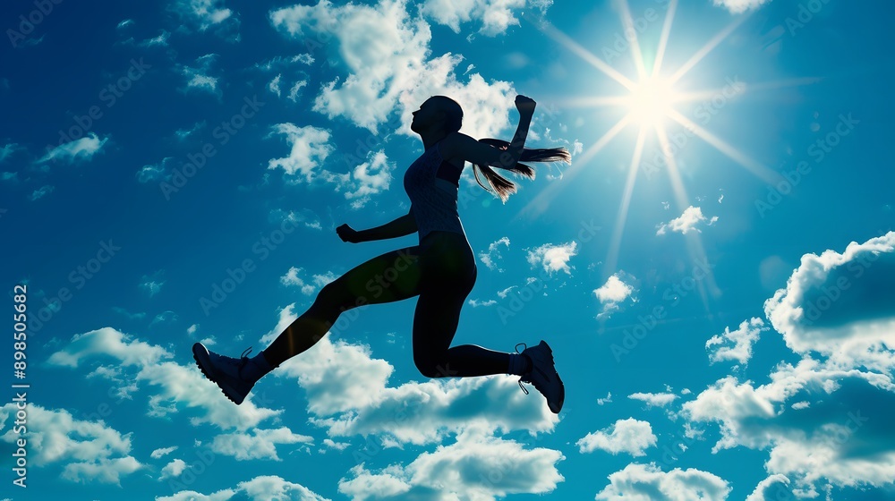 Naklejka premium Silhouetted female winner figure jump against vibrant blue sky with sun. Freedom, inspirational, achievement, ambition concept. Girl athlete sculpture in sports arena, stadium. Sportswoman statuary.