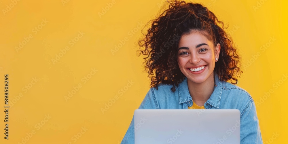 Obraz premium Smile, laptop, yellow background, networking, online influencer with internet. Computer, studio, and joyful content creator with social media, email, or web