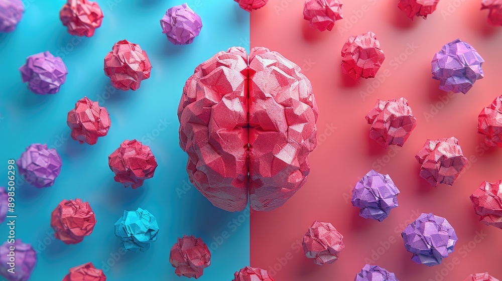 A brain made of paper is surrounded by other paper balls A brain made of paper is surrounded by other paper balls