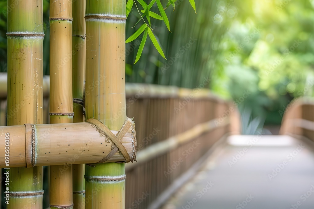 A serene bamboo grove with a wooden bridge, showcasing nature's beauty and tranquility in a vibrant green environment. A serene bamboo grove with a wooden bridge, showcasing nature's beauty and tranquility in a vibrant green environment.