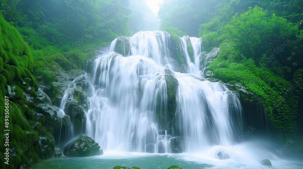 Naklejka premium A serene waterfall cascading over rocks, surrounded by lush greenery and mist, creating a tranquil and peaceful atmosphere.