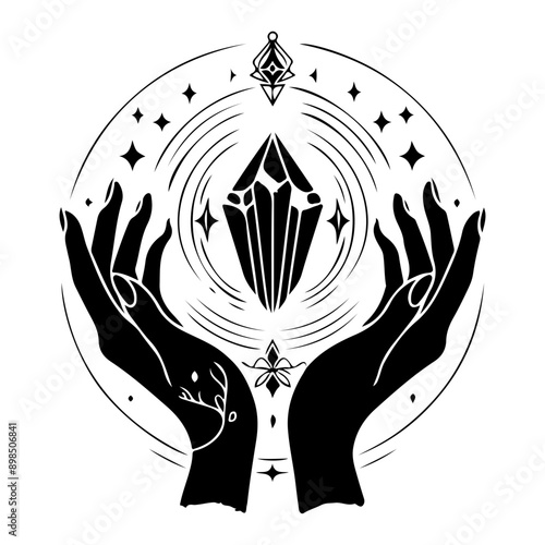 Magic crystal gem with crescent moon and stars in witch hands of fortune teller line art and dot work. Boho chic tattoo, poster or altar veil print design vector illustration