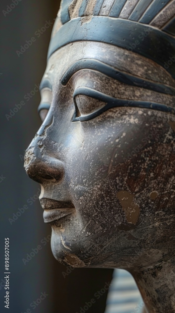 Ancient Egyptian funerary sculpture of a possible queen with distinctive features and traditional headband. Damage adds to solemn ambiance on black background. Ancient Egyptian funerary sculpture of a possible queen with distinctive features and traditional headband. Damage adds to solemn ambiance on black background.