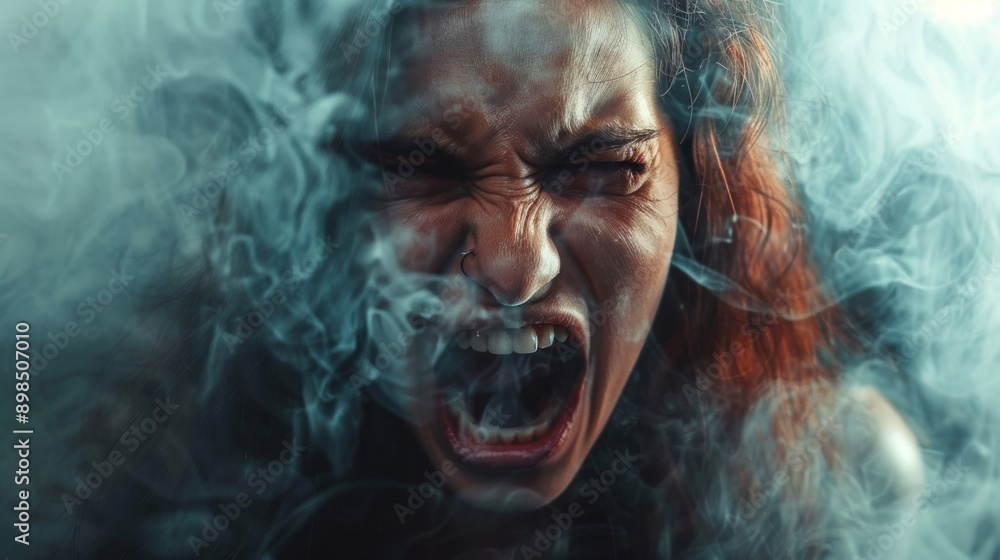 A red-haired woman in the center, surrounded by smoke, screams with intense emotion. The dramatic scene conveys a feeling of pain or anger, with a chaotic and ominous atmosphere. A red-haired woman in the center, surrounded by smoke, screams with intense emotion. The dramatic scene conveys a feeling of pain or anger, with a chaotic and ominous atmosphere.