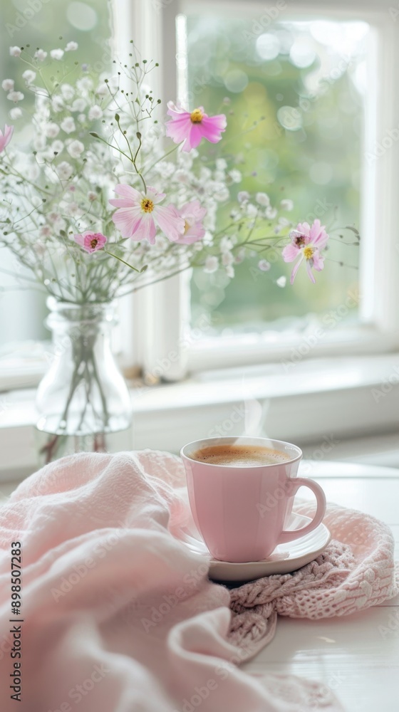 A cozy scene featuring a pink cup of tea beside a soft blanket and a vase of flowers, perfect for a serene morning. A cozy scene featuring a pink cup of tea beside a soft blanket and a vase of flowers, perfect for a serene morning.