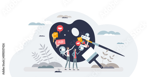 Crafting perfect marketing playbook for company strategy tiny peron concept, transparent background. Planning promotions, ads and social media content.
