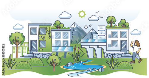 Eco architecture and housing for sustainable and green living outline concept, transparent background. Home in nature friendly place with lush park and vegetation illustration.