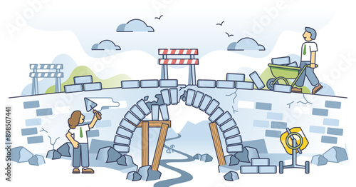 Conflict resolution in corporate world with business fixing outline concept, transparent background. Restore relationship and resolve issues after collaboration break illustration.