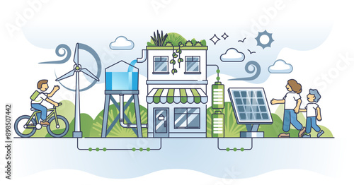 Green energy initiatives as sustainable household power usage outline concept, transparent background. Nature friendly renewable resources for home electricity with storage batteries illustration.