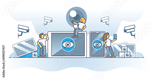 Digital privacy and personal space preservation in technology outline concept, transparent background. Smartphone, laptop and tablet webcam block.