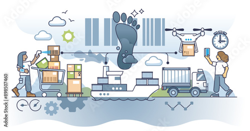 E-commerce and its environmental impact with CO2 pollution outline concept, transparent background. Trade and logistics carbon dioxide negative effect illustration.