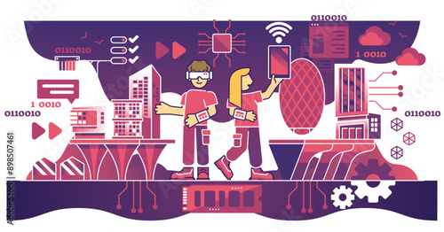 Digital transformation in business with automation tech outline concept, transparent background. Smart technology usage for development and effective robotization illustration.