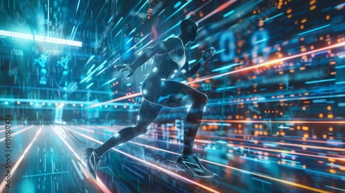 A dynamic 3D model of a human figure in a futuristic city setting, illuminated in pink and blue lights, with digital elements in red and blue colors.