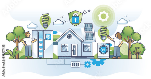 Home energy conservation and cost efficient appliances usage outline concept, transparent background. Save electricity with new and modern kitchen gadgets illustration.