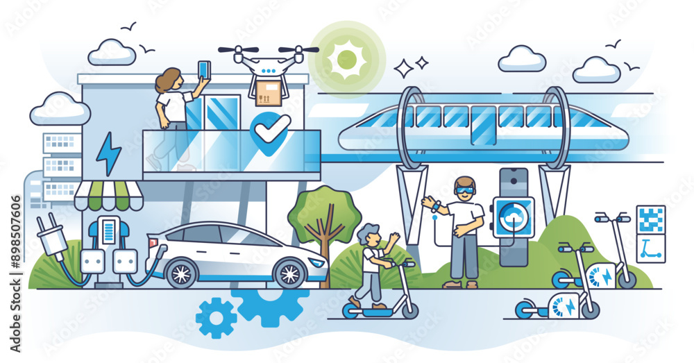 Age of sustainable transport with effective infrastructure outline concept, transparent background. Smart city with innovative technologies and electric public transportation illustration. Age of sustainable transport with effective infrastructure outline concept, transparent background. Smart city with innovative technologies and electric public transportation illustration.