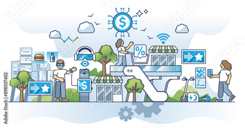Future of retail and modern customer shopping experience outline concept, transparent background. Smart commerce with contactless payment methods, VR or AR technology usage.