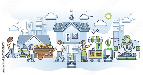 Sustainable living in modern cities with waste management outline concept, transparent background. Residential urban area with local food market and modern technology usage illustration.