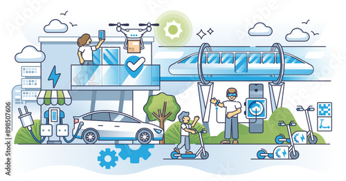 Age of sustainable transport with effective infrastructure outline concept, transparent background. Smart city with innovative technologies and electric public transportation illustration.