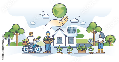 Sustainable living and environmental life with eco care outline concept, transparent background.Nature friendly approach to buy food from local farmer illustration.