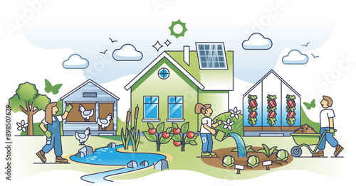 Backyard homesteading and sustainable local food gardening outline concept, transparent background. Home for family with nature friendly farming and environmental living illustration.