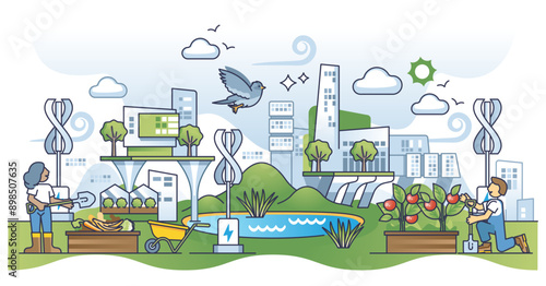 Agricultural practices for gardening with urban landscapes outline concept, transparent background. City park with green.