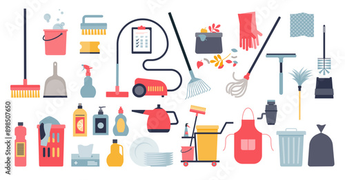 Cleaning objects and washing equipment for household hygiene collection set, transparent background. Isolated elements with sponge, chemical detergents, soap or washing solutions.