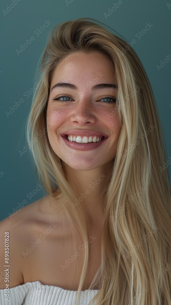 Long, clean, blond hair, smiling, and studio portrait of a woman. Gorgeous, joyful model with keratin, Brazilian, or salon hairstyle on gray background. Long, clean, blond hair, smiling, and studio portrait of a woman. Gorgeous, joyful model with keratin, Brazilian, or salon hairstyle on gray background.