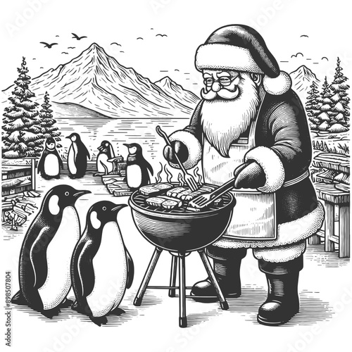 Santa Claus grilling bbq food with curious penguins in a snowy mountain landscape sketch engraving generative ai fictional character vector illustration. Scratch board imitation. Black and white image