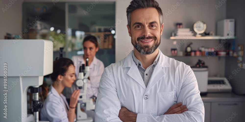 Obraz premium Man and smile of optometrist with arms crossed in hospital or eye clinic. A joyful, confident, or proud elderly man ophthalmologist or doctor with patient