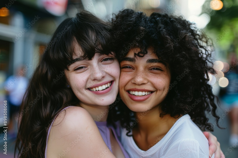 Summer vacation friends, affection, and care with hugs in the city. Positive, happy friendship with lively ladies embraces with affection. Summer vacation friends, affection, and care with hugs in the city. Positive, happy friendship with lively ladies embraces with affection.