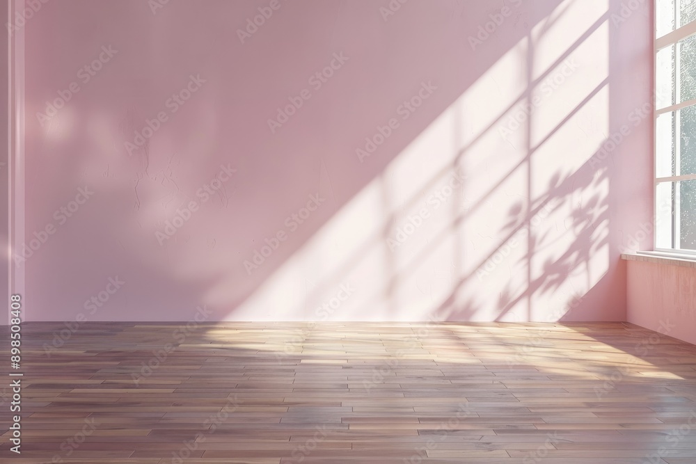 Light Pink Empty Wall and Wooden Floor With Sunlight Streaming Through a Window Light Pink Empty Wall and Wooden Floor With Sunlight Streaming Through a Window