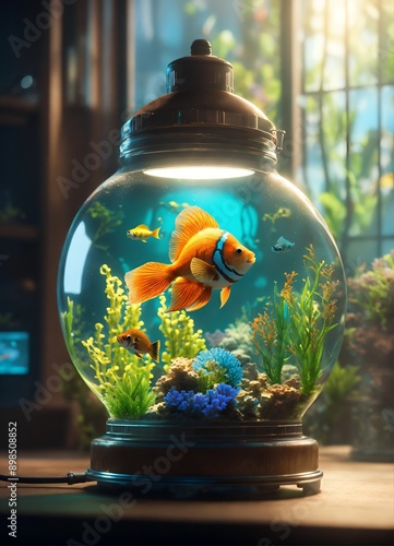 an aquarium with Ariel in a light bulb,