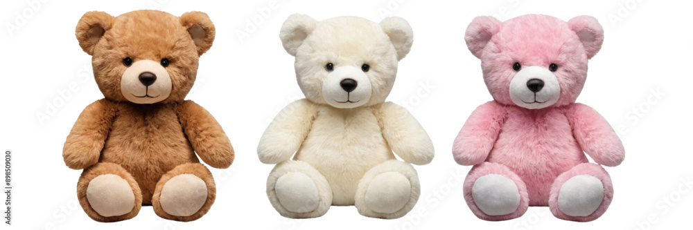 Fototapeta premium Three adorable teddy bears in brown, beige, and pink on a white background. Perfect for toy stores, baby showers, or gifts.