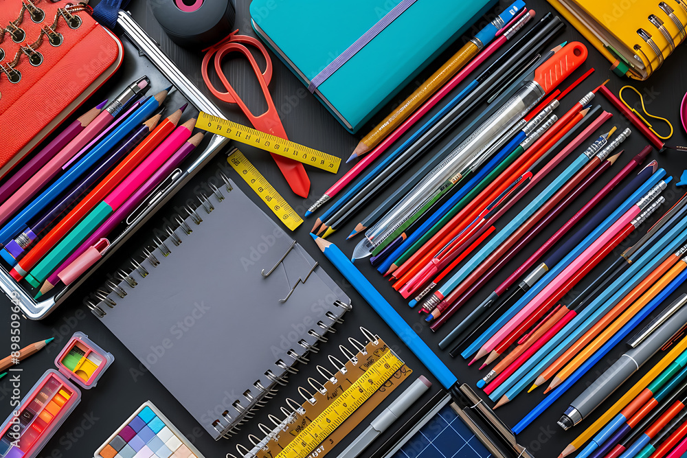 Photo of various school supplies. Objects include books, pencils, rulers, and notebooks, creating an educational and colorful theme. The background is ideal for educational and school promotions