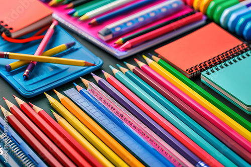 Photo of various school supplies. Objects include books, pencils, rulers, and notebooks, creating an educational and colorful theme. The background is ideal for educational and school promotions