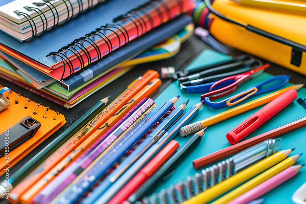Photo of various school supplies. Objects include books, pencils, rulers, and notebooks, creating an educational and colorful theme. The background is ideal for educational and school promotions Photo of various school supplies. Objects include books, pencils, rulers, and notebooks, creating an educational and colorful theme. The background is ideal for educational and school promotions