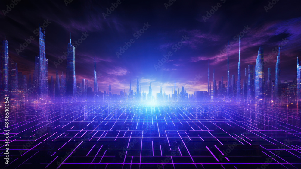 Blue background with an 80s style city image. Blue background with an 80s style city image.