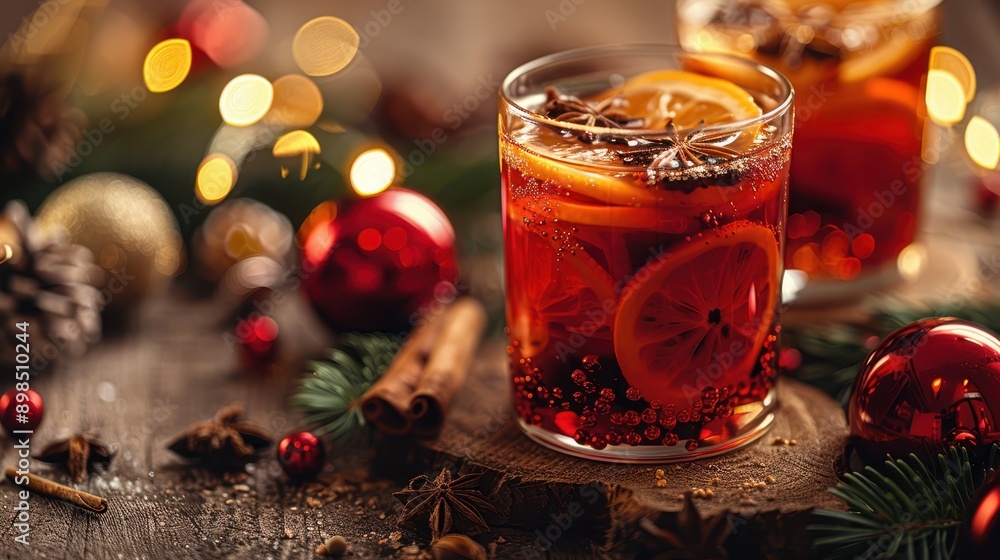 Festive Close-up of Christmas Mulled Wine with Spices Surrounded by Holiday Decorations and Lights Festive Close-up of Christmas Mulled Wine with Spices Surrounded by Holiday Decorations and Lights