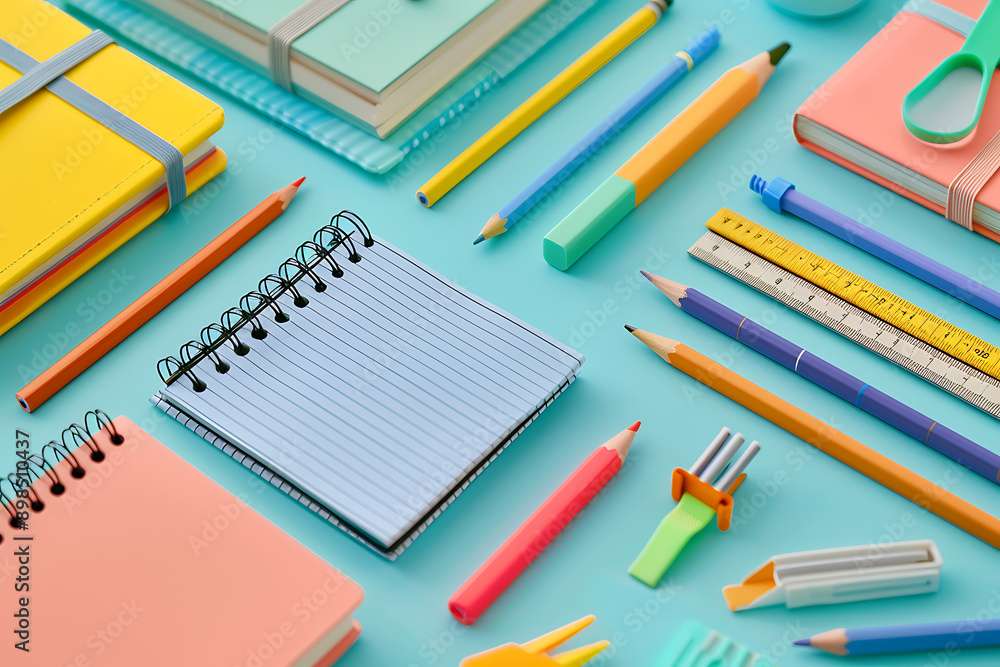 Photo of various school supplies. Objects include books, pencils, rulers, and notebooks, creating an educational and colorful theme. The background is ideal for educational and school promotions Photo of various school supplies. Objects include books, pencils, rulers, and notebooks, creating an educational and colorful theme. The background is ideal for educational and school promotions