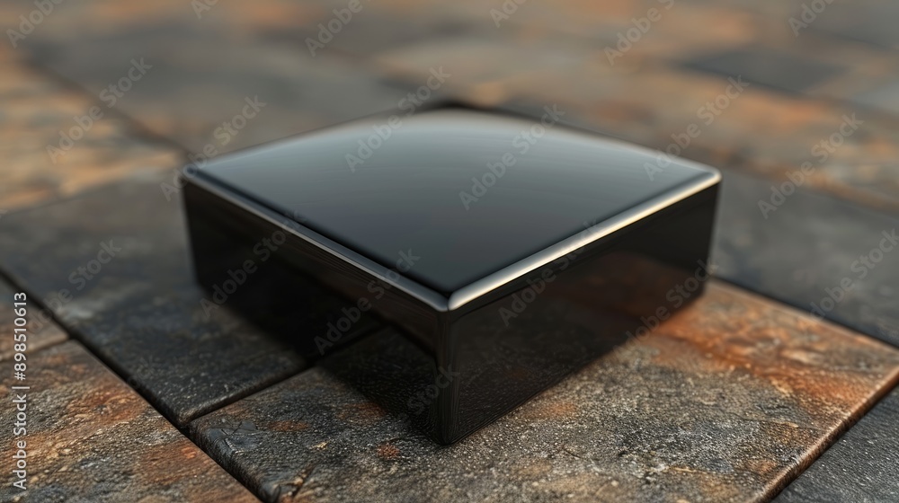 A black square sits on a stone surface A black square sits on a stone surface