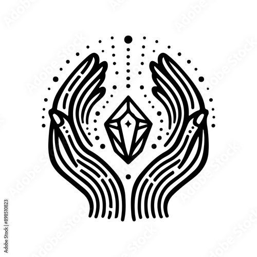 Magic crystal gem with crescent moon and stars in witch hands of fortune teller line art and dot work. Boho chic tattoo, poster or altar veil print design vector illustration